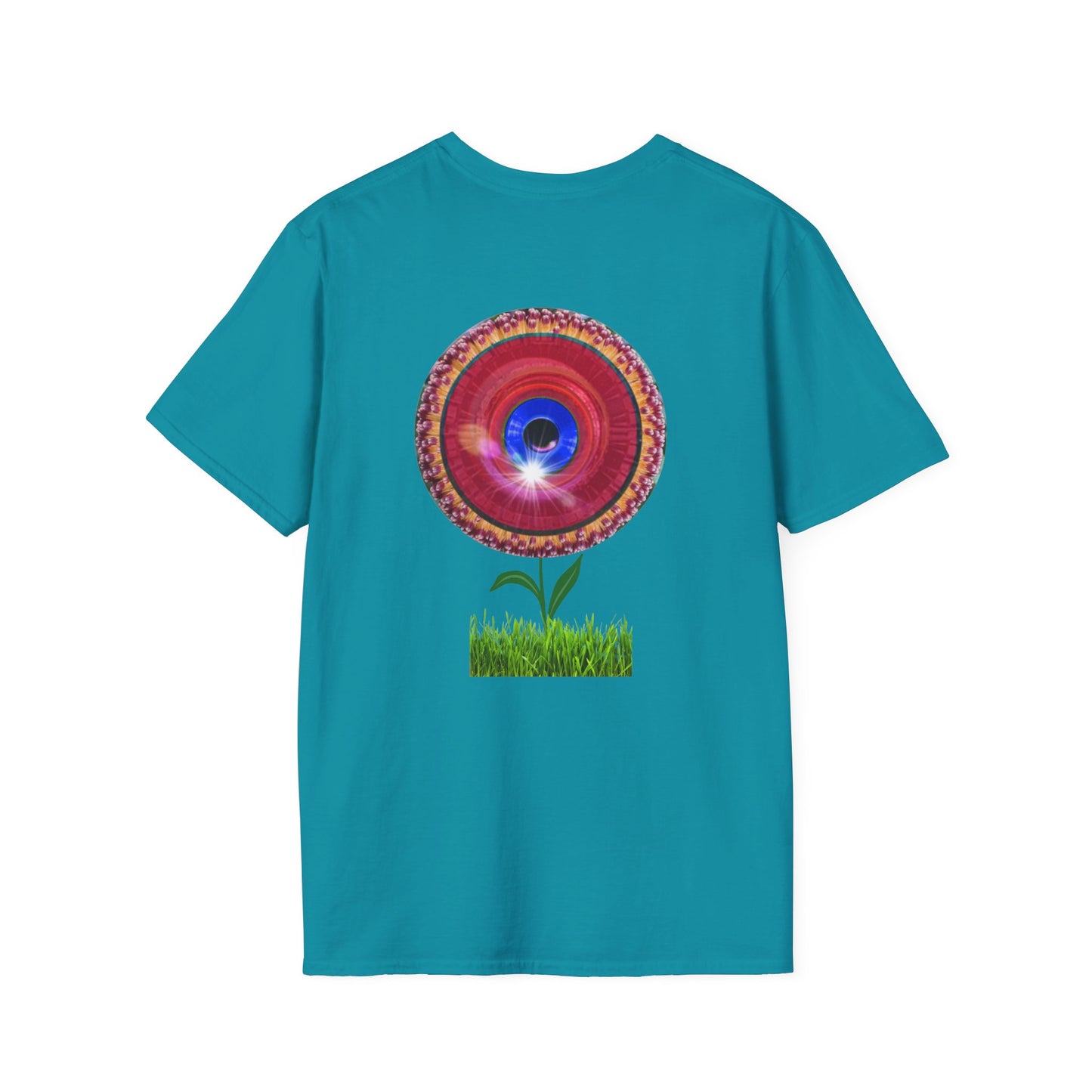 Classic Donut Tee - Unisex Soft-Style - "Smell the Donuts Outside on my Lawn"  " variant 1 - blue donut on red donut/flower