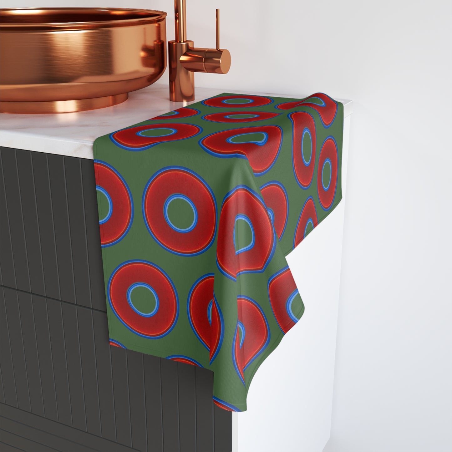 Lumpy Kitchen/Hand Towels - vivid red donuts w/dark green background
