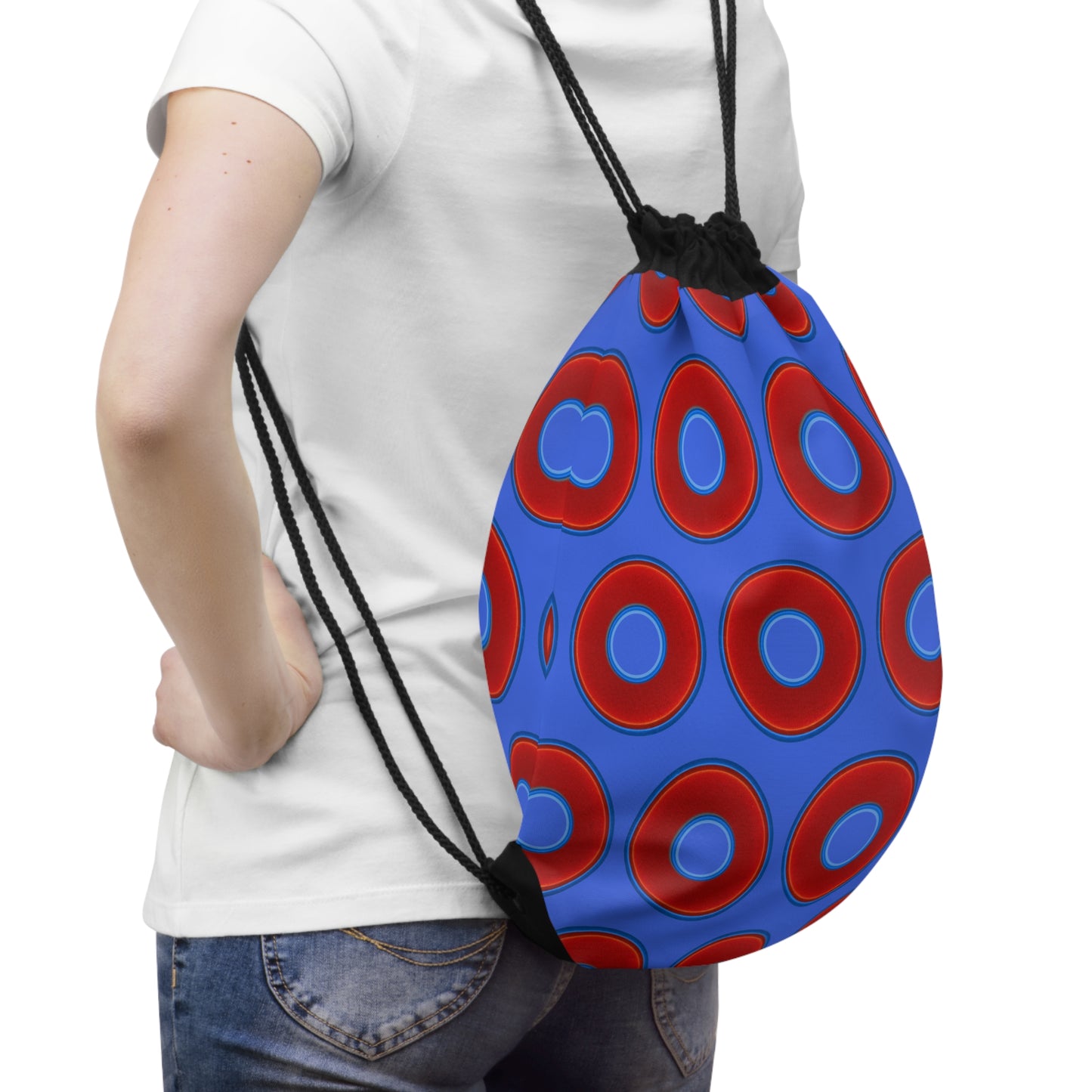 Lumpy Donut Drawstring Bag - red vivid donuts print w/royal blue background