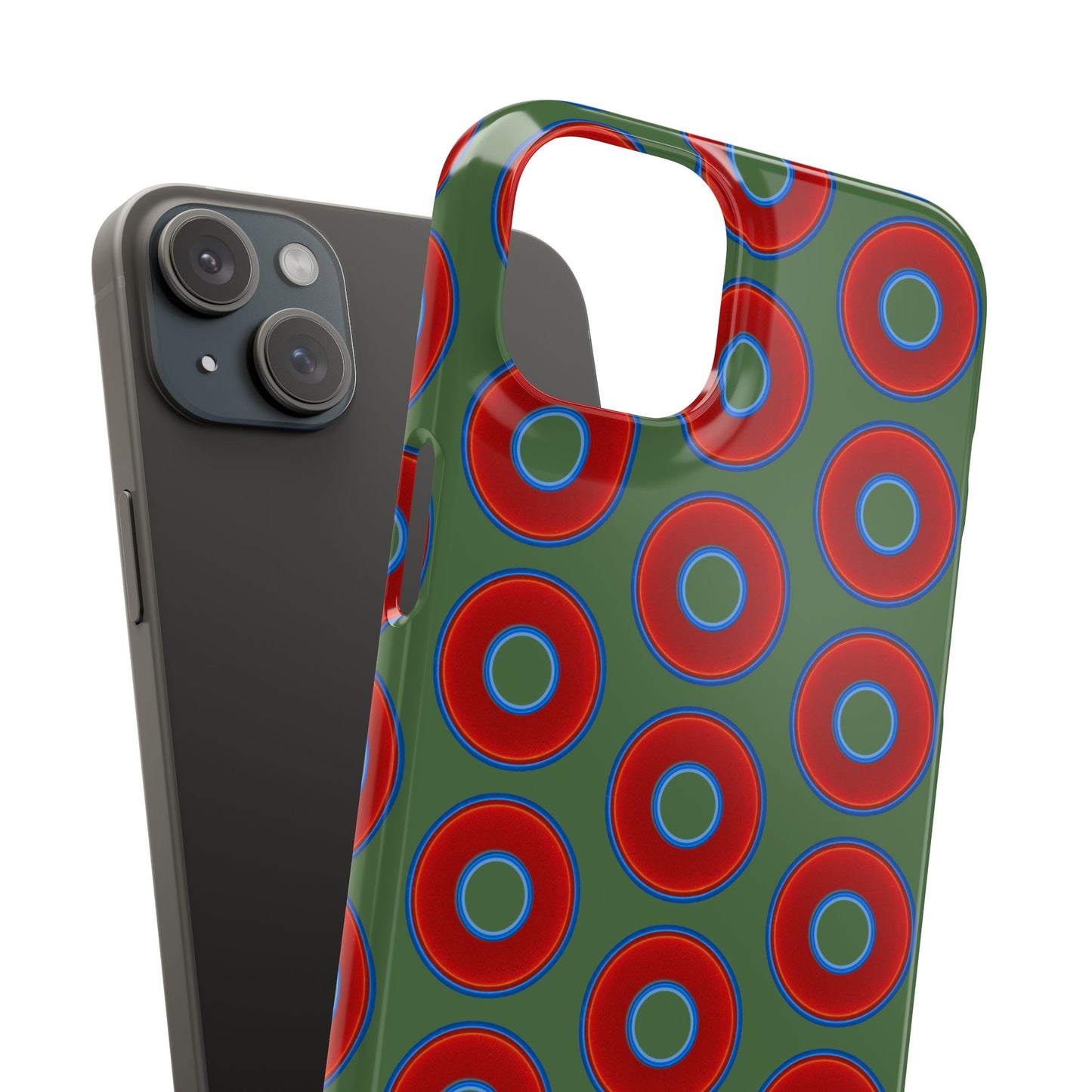 Lumpy Donut Snap Case - red vivid donut print w/dark green background