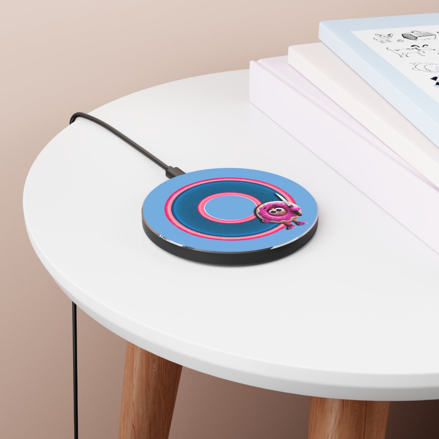 The Flow - Wireless Lumpy Donut Chargers - "My Phreind the Wireless Donut Charger" - rustic blue/pink donut w/light blue background - variant 3