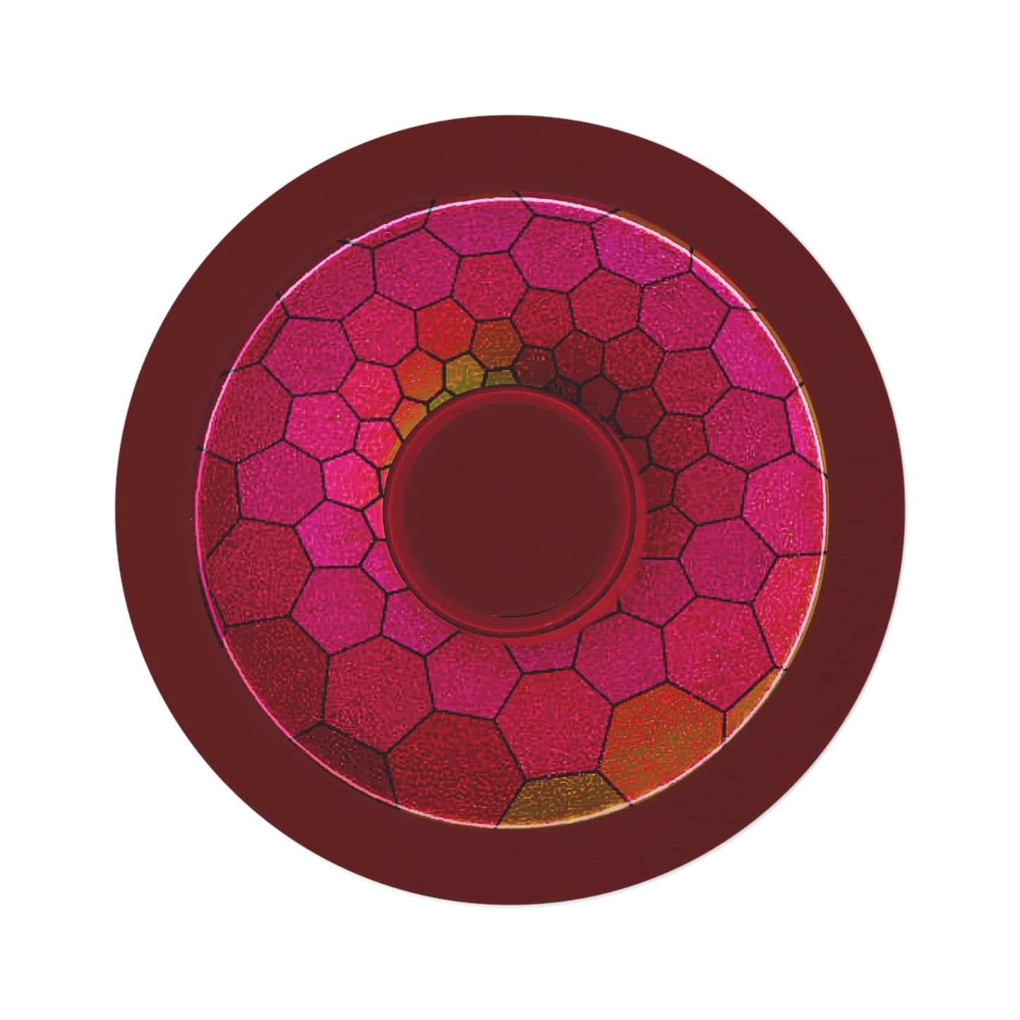 Round Room - 5 ft x 5 ft Lumpy Donut Rug - "Plain Hexadonut" - magenta hexadonut w/dark red background - variant 1