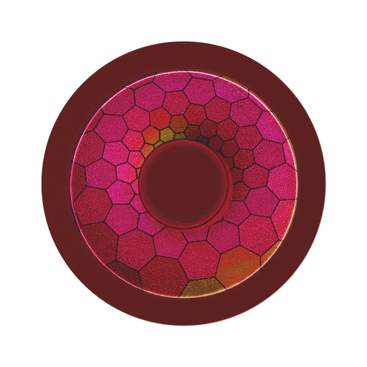 Round Room - 5 ft x 5 ft Lumpy Donut Rug - "Plain Hexadonut" - magenta hexadonut w/dark red background - variant 1