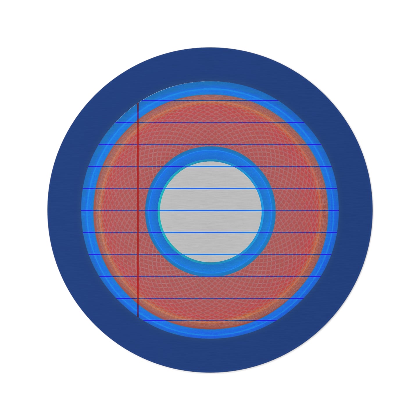 Round Room - 5 ft x 5 ft Lumpy Donut Rug - "Tasty Donut Carpet" - rustic red/blue lined donut w/dark blue background - variant 2