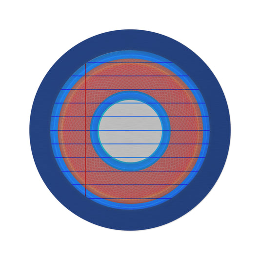 Round Room - 5 ft x 5 ft Lumpy Donut Rug - "Tasty Donut Carpet" - rustic red/blue lined donut w/dark blue background - variant 2