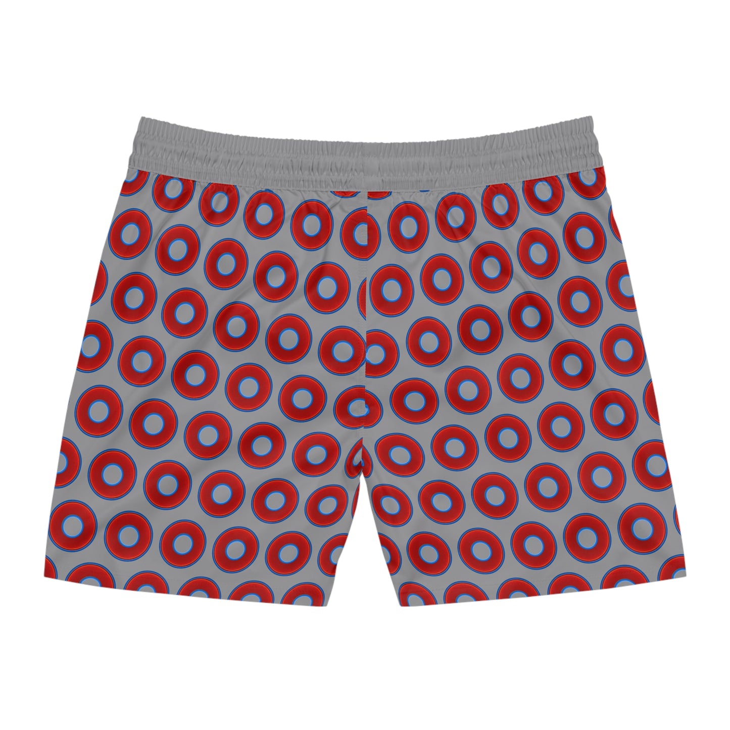 Men's Lumpy Swim Trunks - vivid red donut print w/gray background
