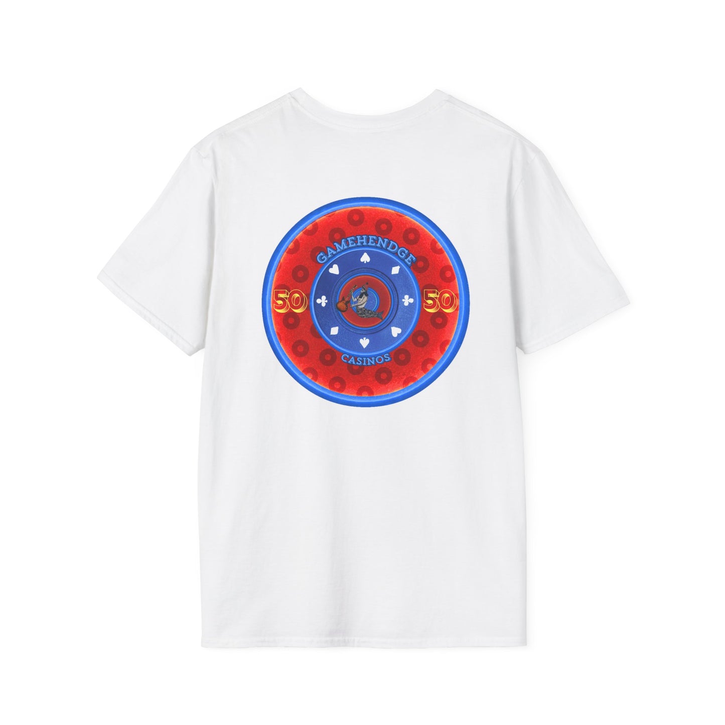 Classic Donut Tee - Unisex Soft-Style - "Phishy Chips" - vivid red/blue widemouthed paradox donut