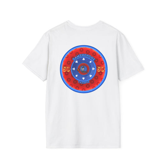 Classic Donut Tee - Unisex Soft-Style - "Phishy Chips" - vivid red/blue widemouthed paradox donut