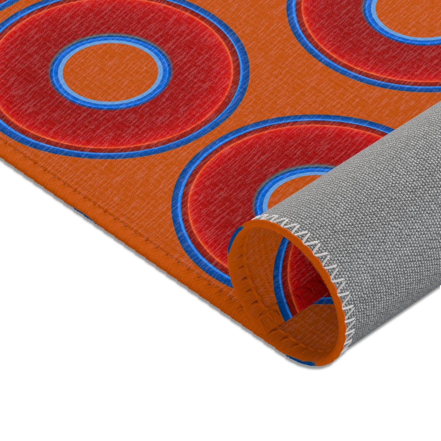 Lumpy Donut Print Rug - choice of 3 sizes - vivid red donut print w/dark orange background
