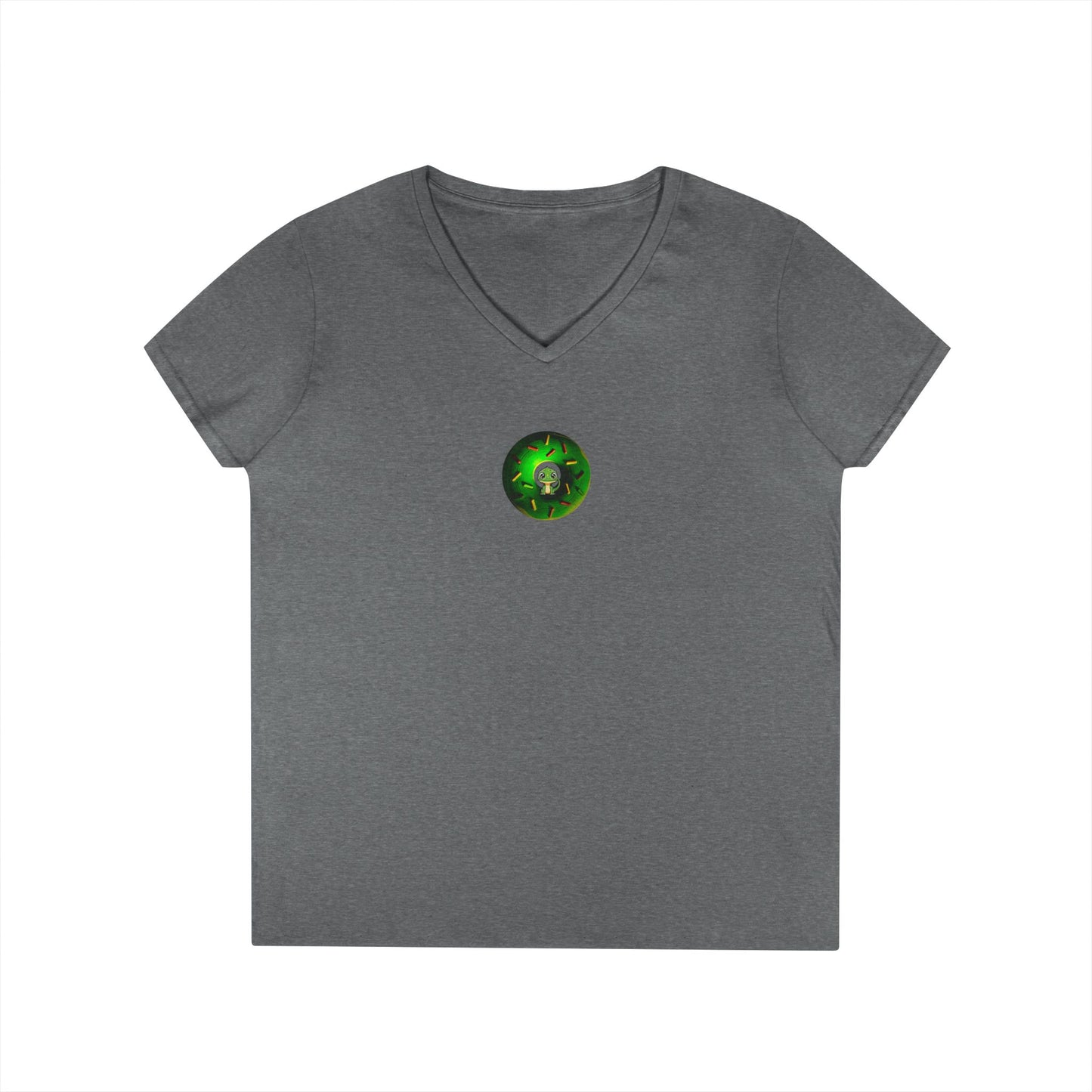 Women's Donut V-Neck Tee - "Soft as Baby Rutherford" - green cartoon donut w/sprinkles
