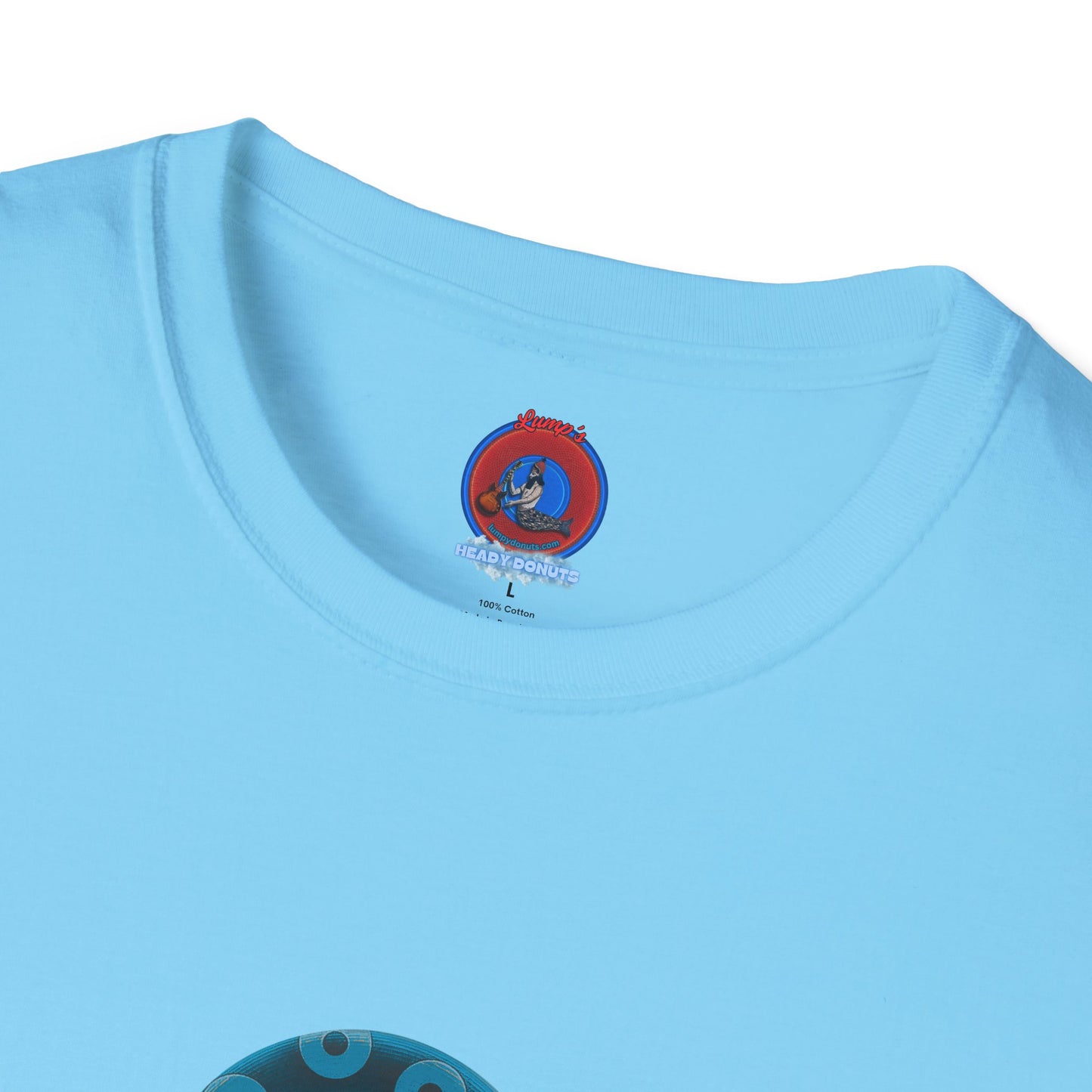 Lumpy Coffee Traders Tee - Unisex Soft-Style - "Good to Last Leaky Drop" - paradoxical donut - variant 2 - ocean donut front/logo back