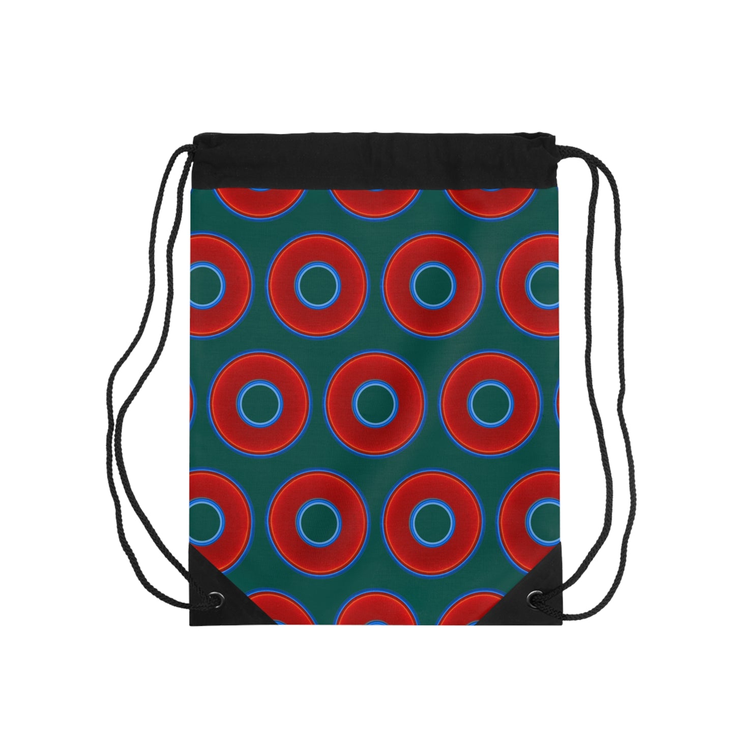 Lumpy Donut Drawstring Bag - red vivid donuts print w/dark grayish green background