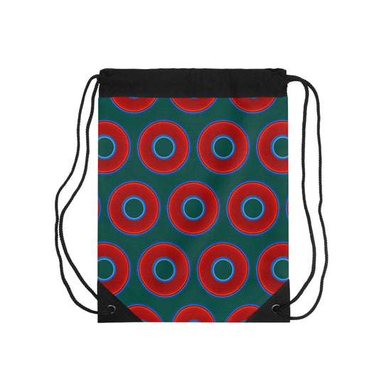 Lumpy Donut Drawstring Bag - red vivid donuts print w/dark grayish green background