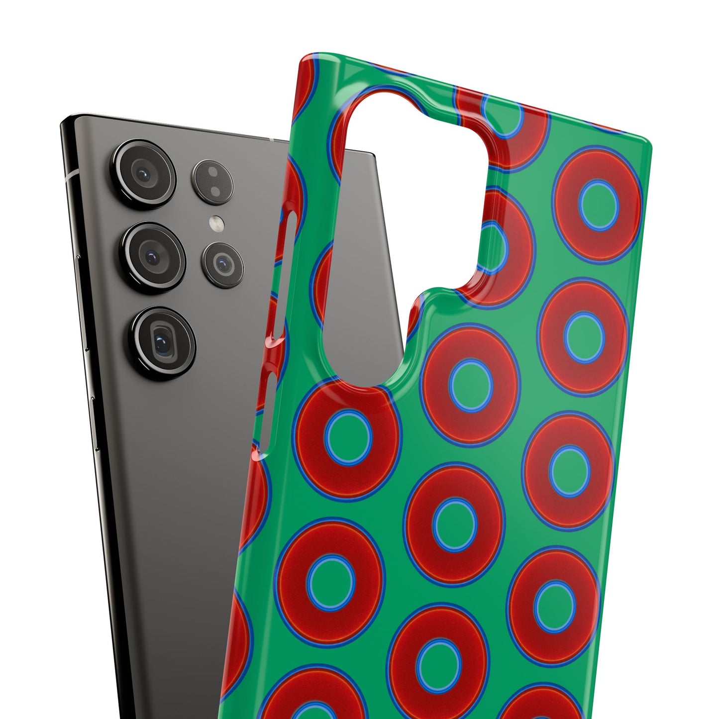 Lumpy Donut Snap Case - red vivid donut print w/jade green background