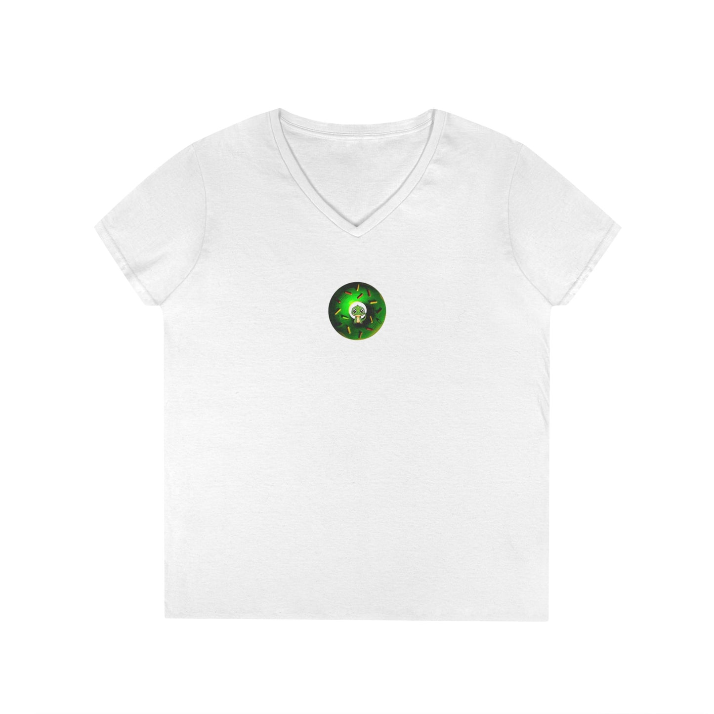 Women's Donut V-Neck Tee - "Little Baby Rutherford" - green cartoon donut w/sprinkles