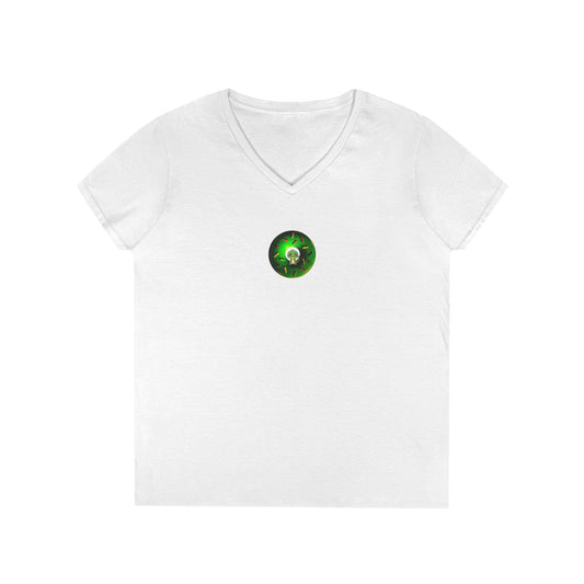 Women's Donut V-Neck Tee - "Soft as Baby Rutherford" - green cartoon donut w/sprinkles
