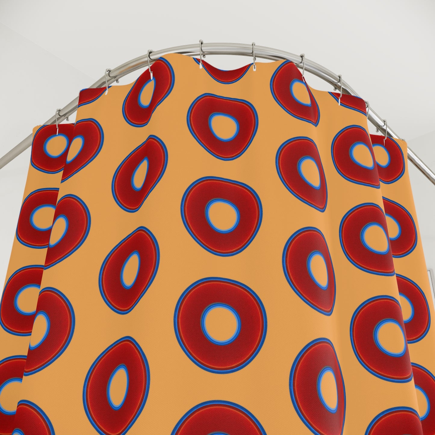 The Curtain With "Donuts" - Lumpy Bath Time Fun - vivid red donuts w/creamsicle orange background