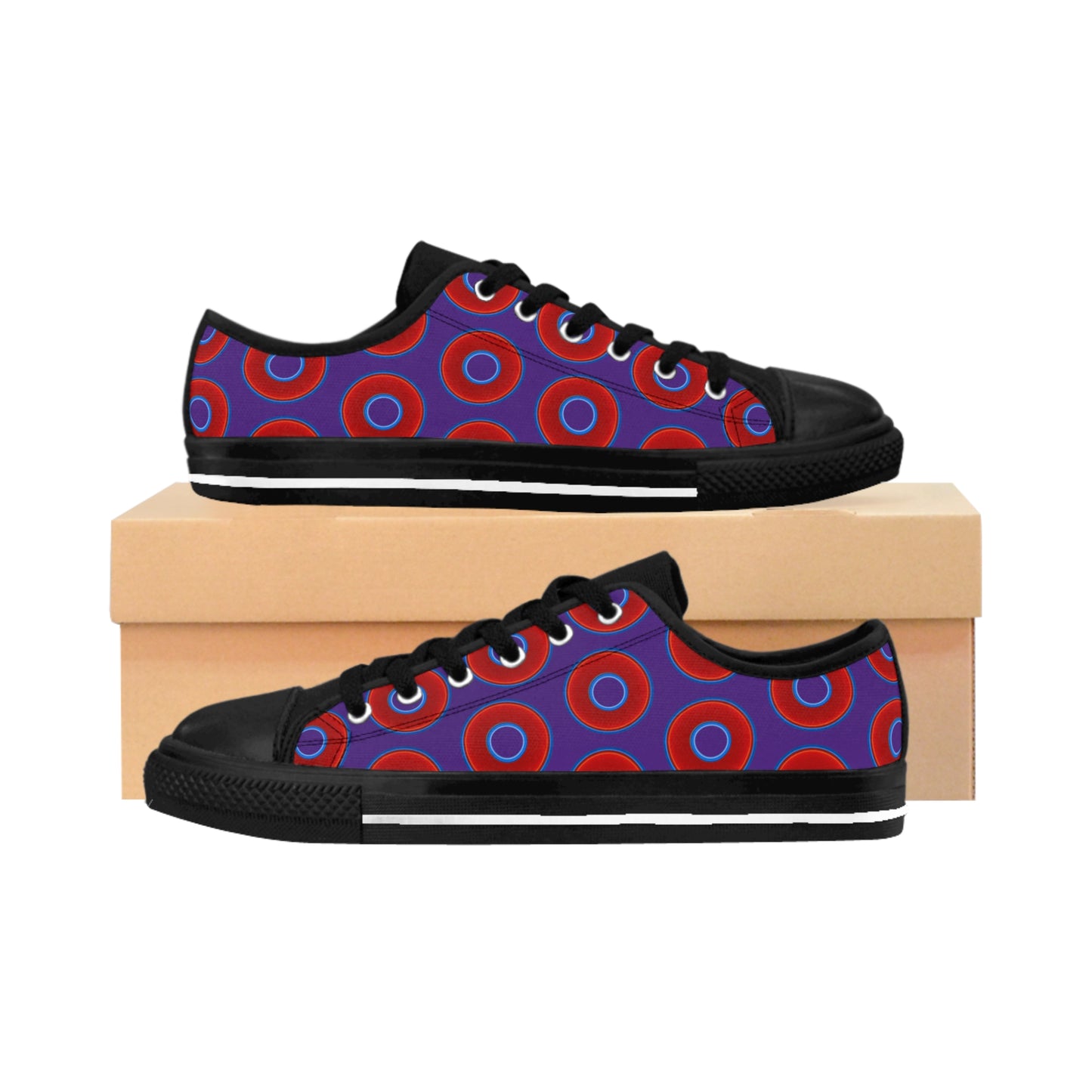 Women's Cushiony Convectors - Low Top - large red vivid donut print w/purple background