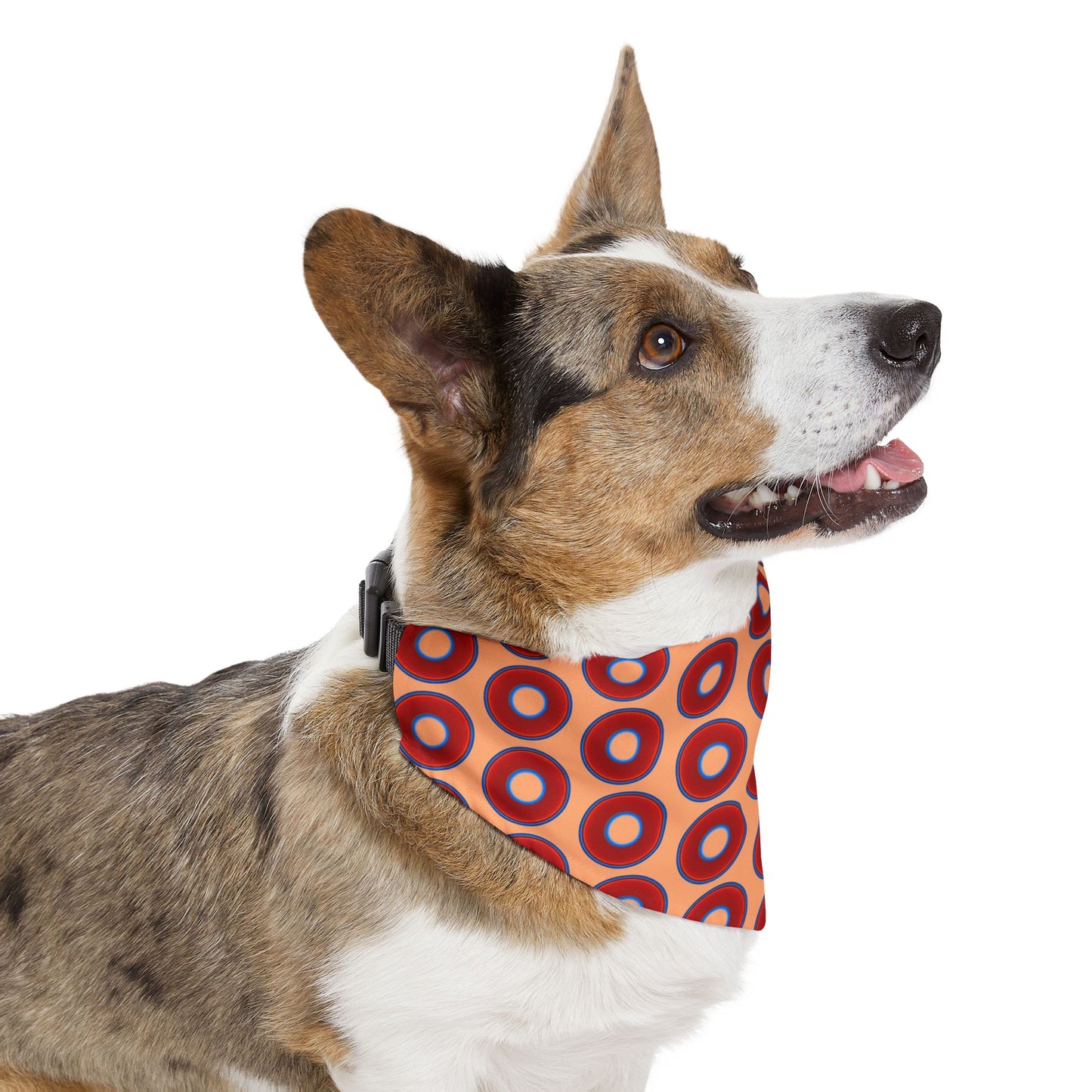 Jim's Lumpy Bandana Pet Collar - vivid red donuts w/peach background