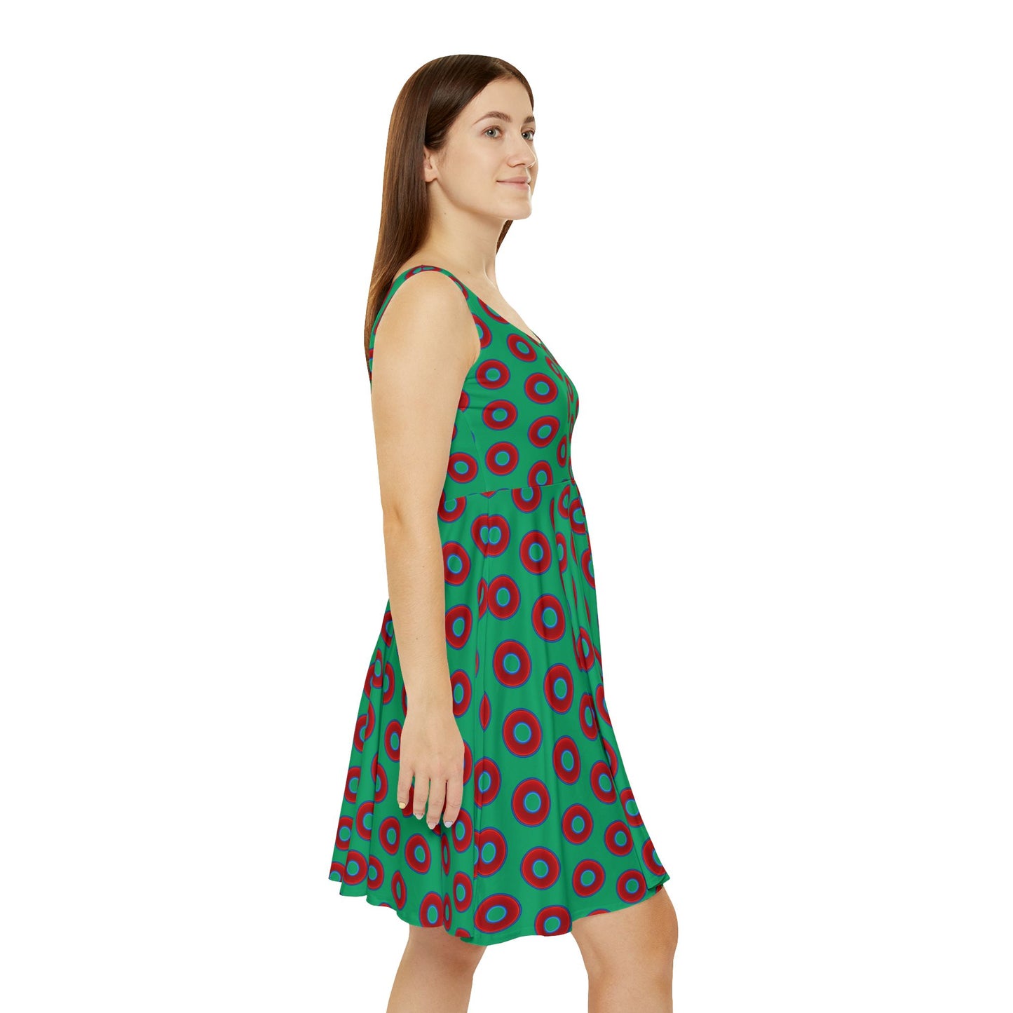 Women's Skater Donut Dress - vivid red donut print w/jade green background