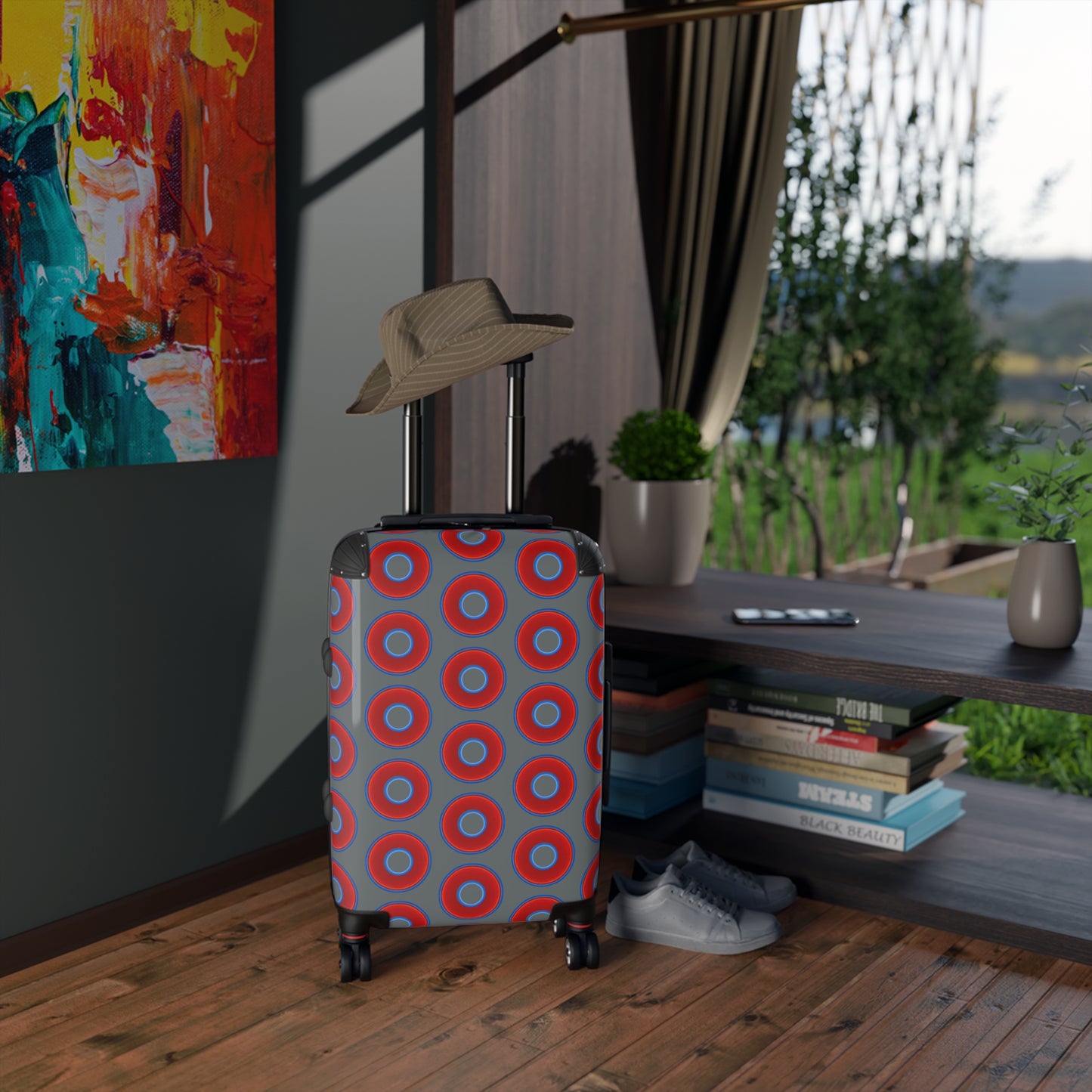 The Very Lumpy Donut Suitcase series - your choice of S, M or L - vivid red donut print w/dark gray background