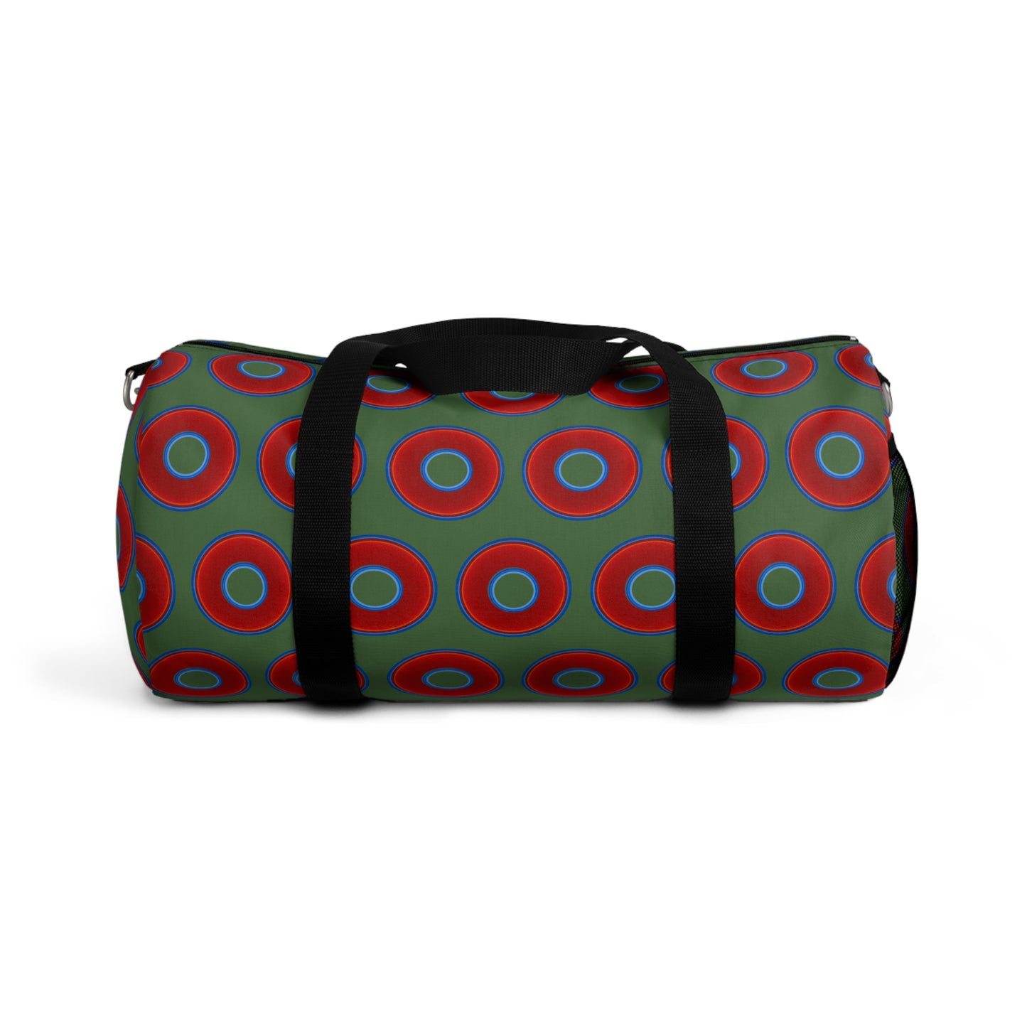 Lumpy Duffel - vivid red donuts w/dark green background