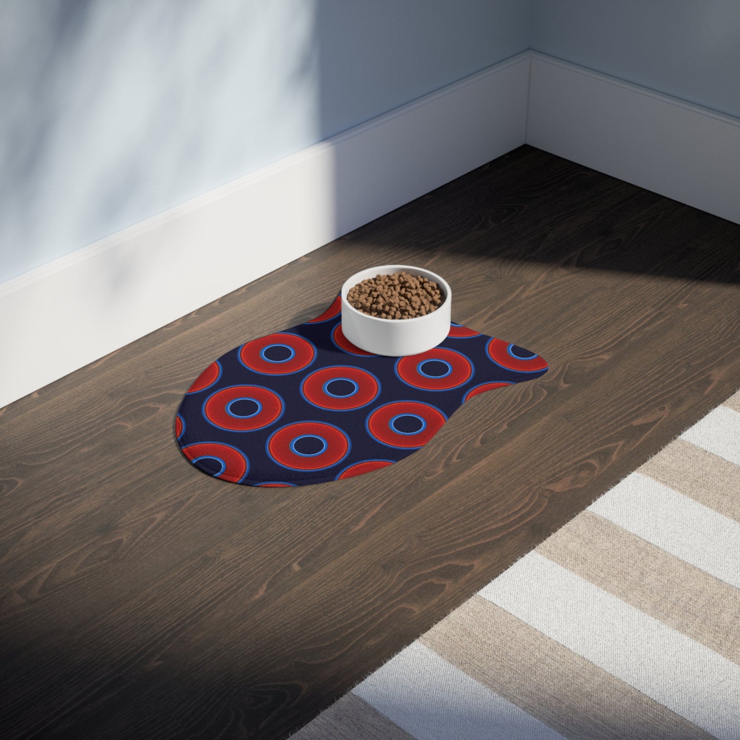 Wendy's Lumpy Pet Feed Mat - vivid red donuts w/midnight blue background