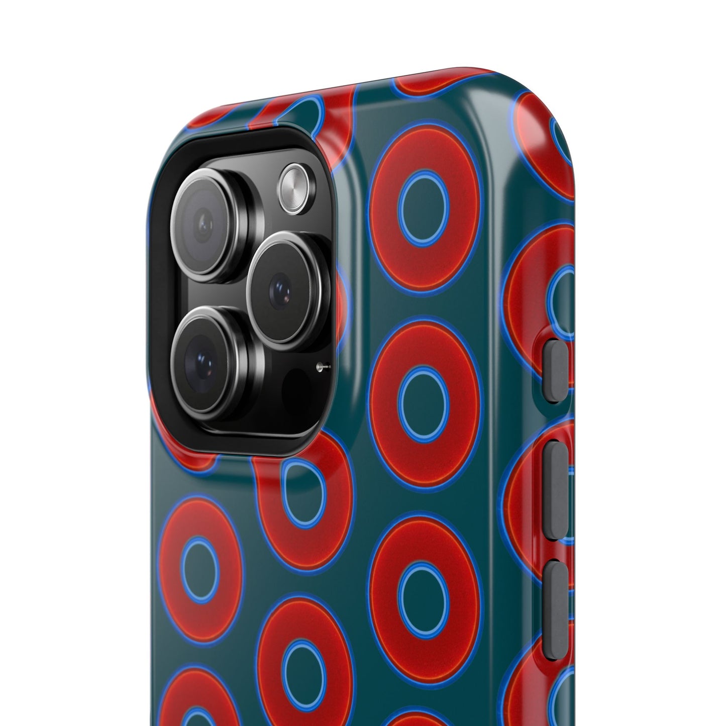 Impact-Resistant Lumpy Donut Case - red vivid donut print w/midnight green background