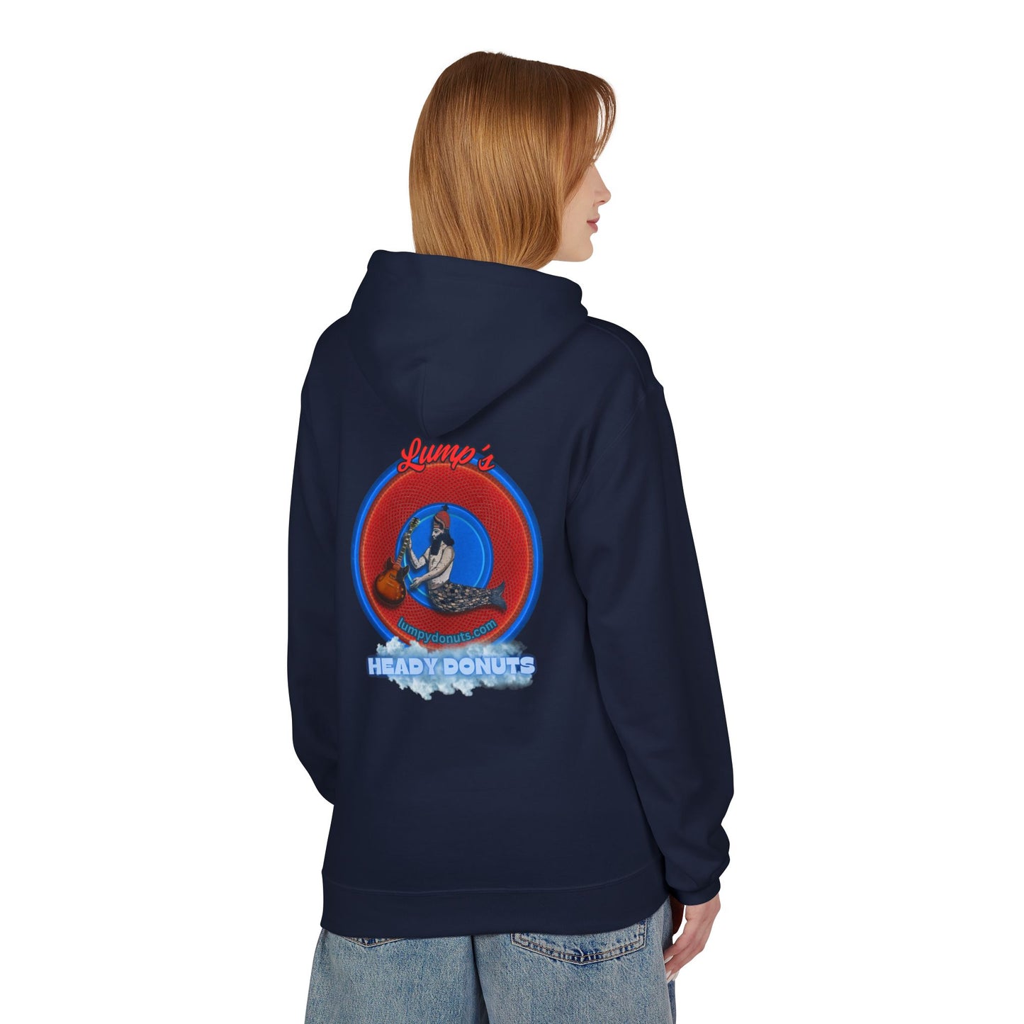 Unisex Fleece Hoodie - [Midweight Soft-style] - "Lump's Heady Logo" - w/rustic red donuts