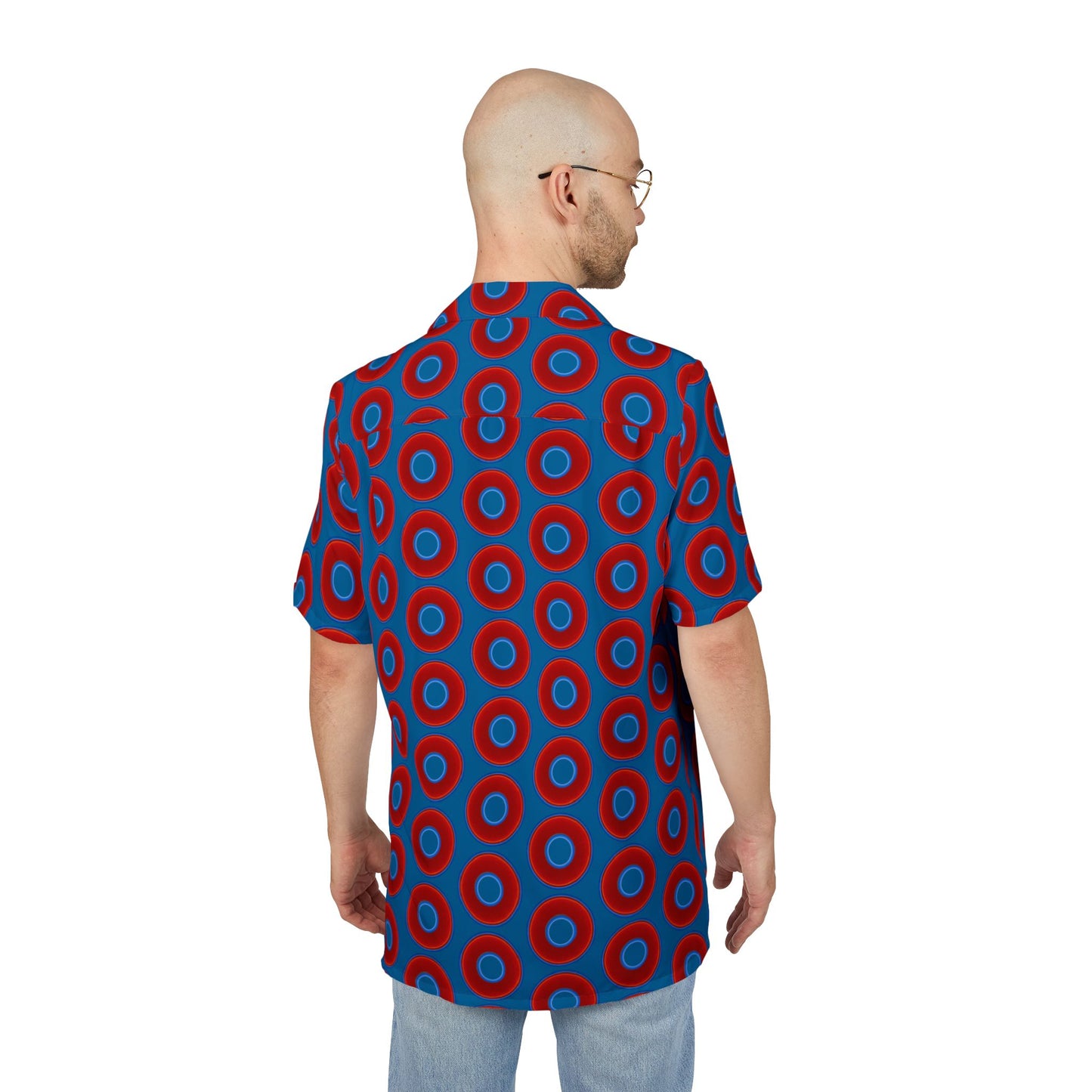 Wilson's 'Epic Hawaiian-Punch' Shirt - vivid red donut print w/wavy navy blue background [unisex]