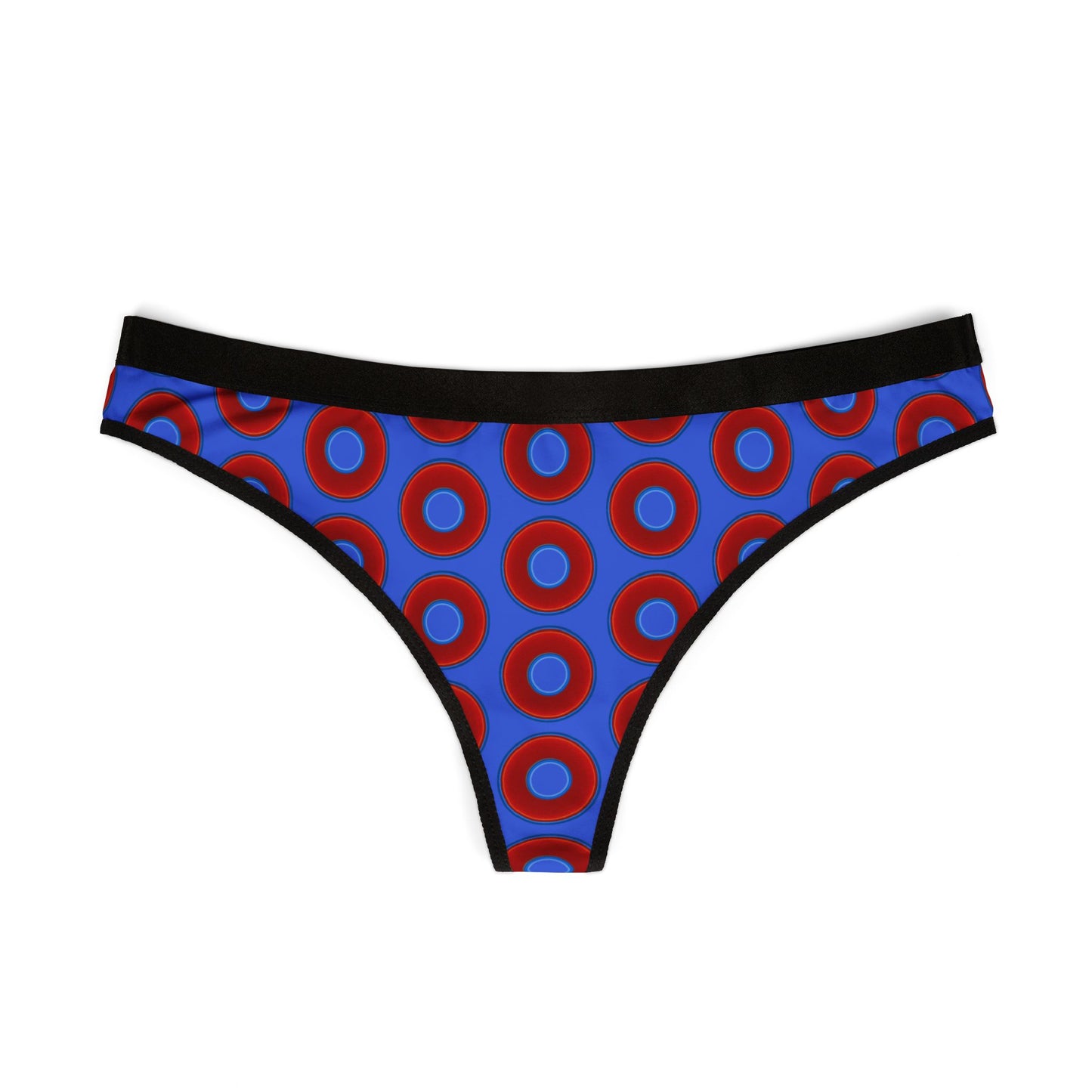Lumpy Donut Thongs - red vivid donut print w/royal blue background