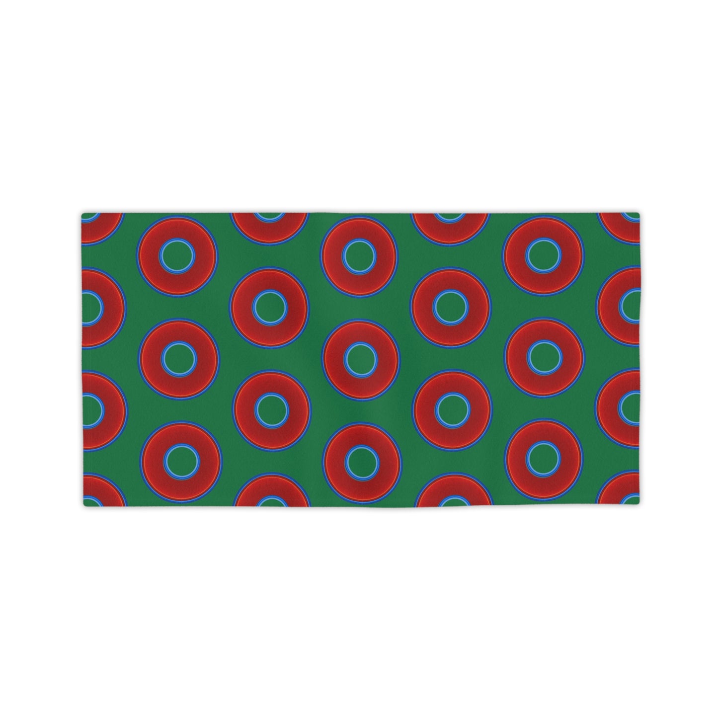 Lumpy Donut Towels - vivid red donuts w/green background
