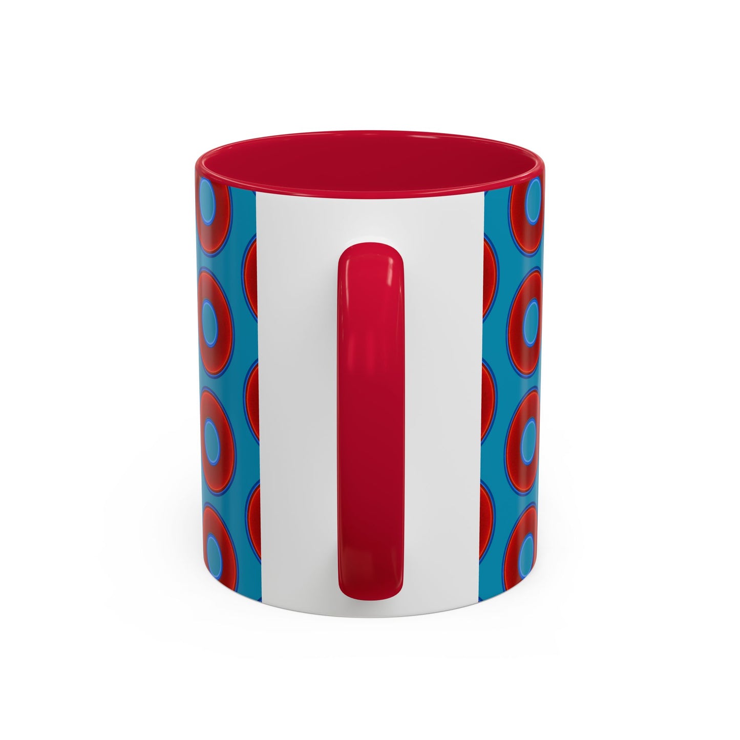 Lump's Grumpy Coffee Mug - vivid red donuts w/aquamarine blue background