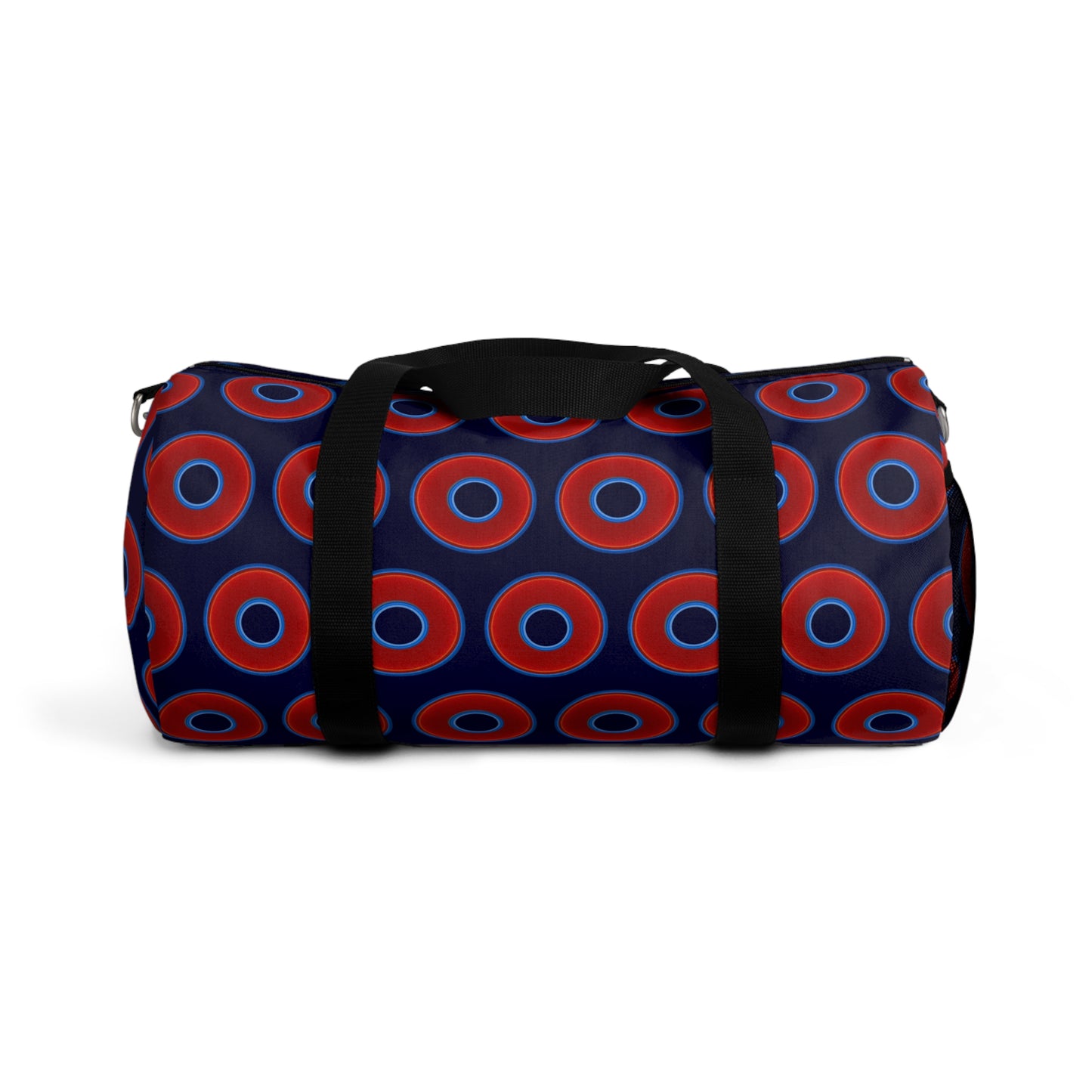 Lumpy Duffel - vivid red donuts w/midnight blue background