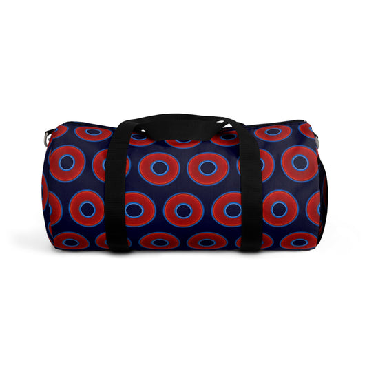 Lumpy Duffel - vivid red donuts w/midnight blue background