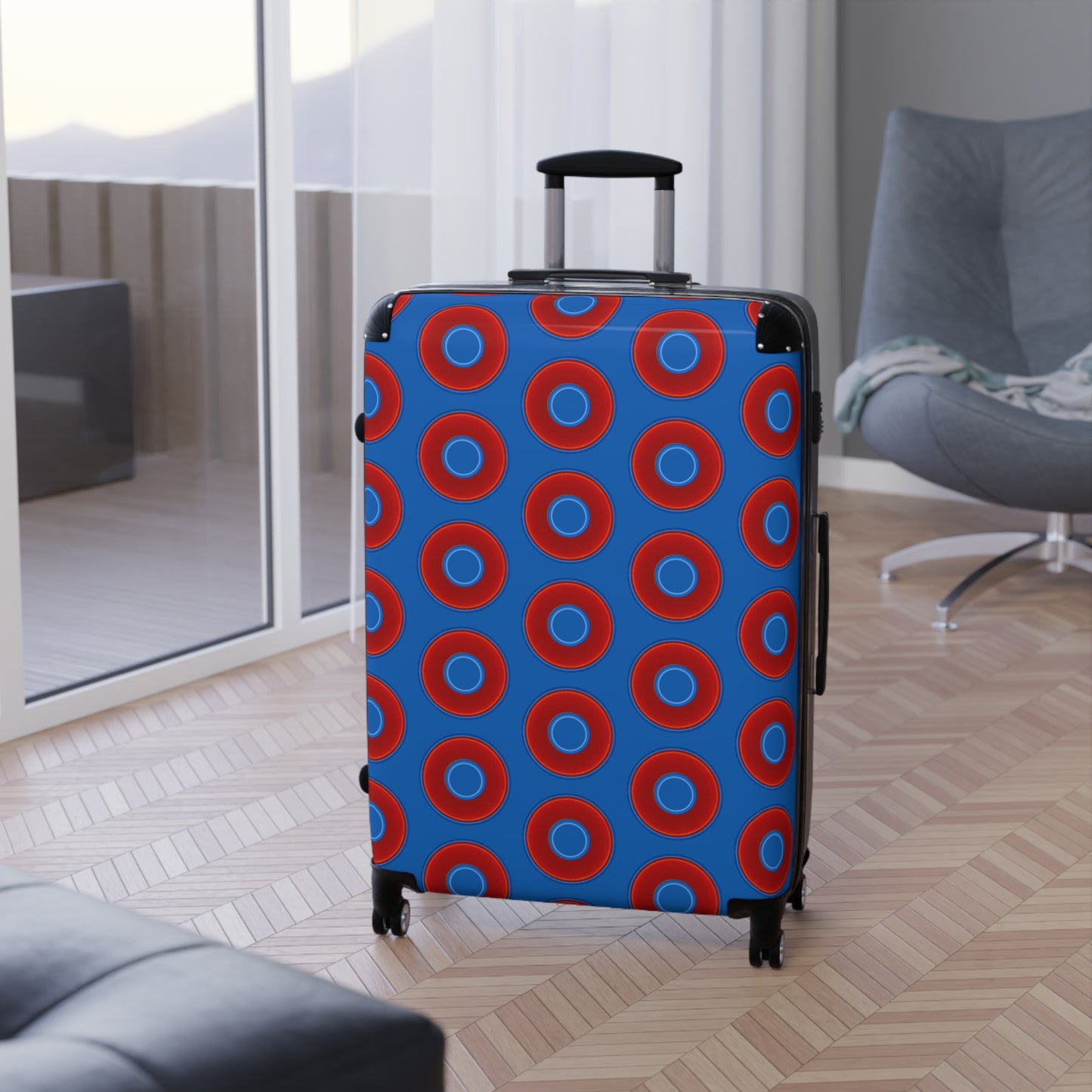 The Very Lumpy Donut Suitcase series - your choice of S, M or L - vivid red donut print w/dark royal blue background