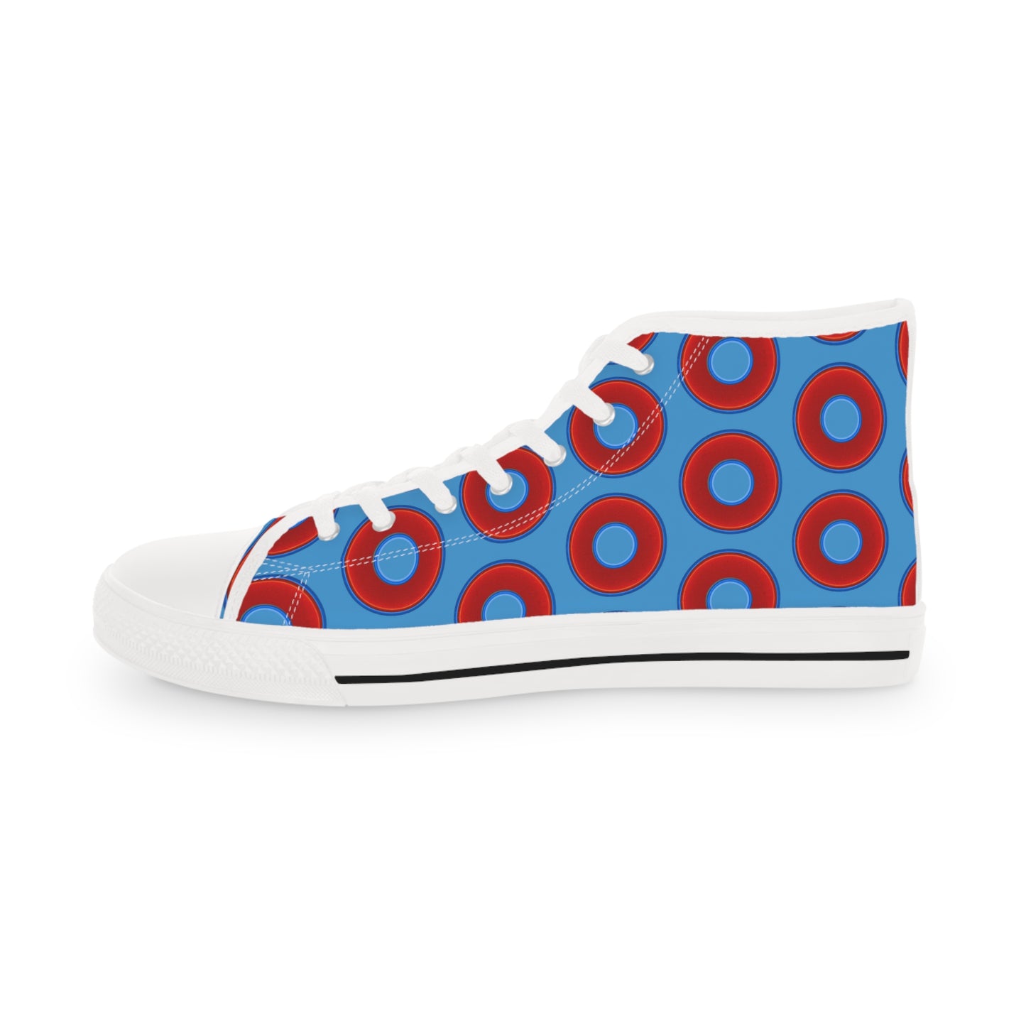 Men's High Top Chucks - large vivid red donut print w/light steel blue background
