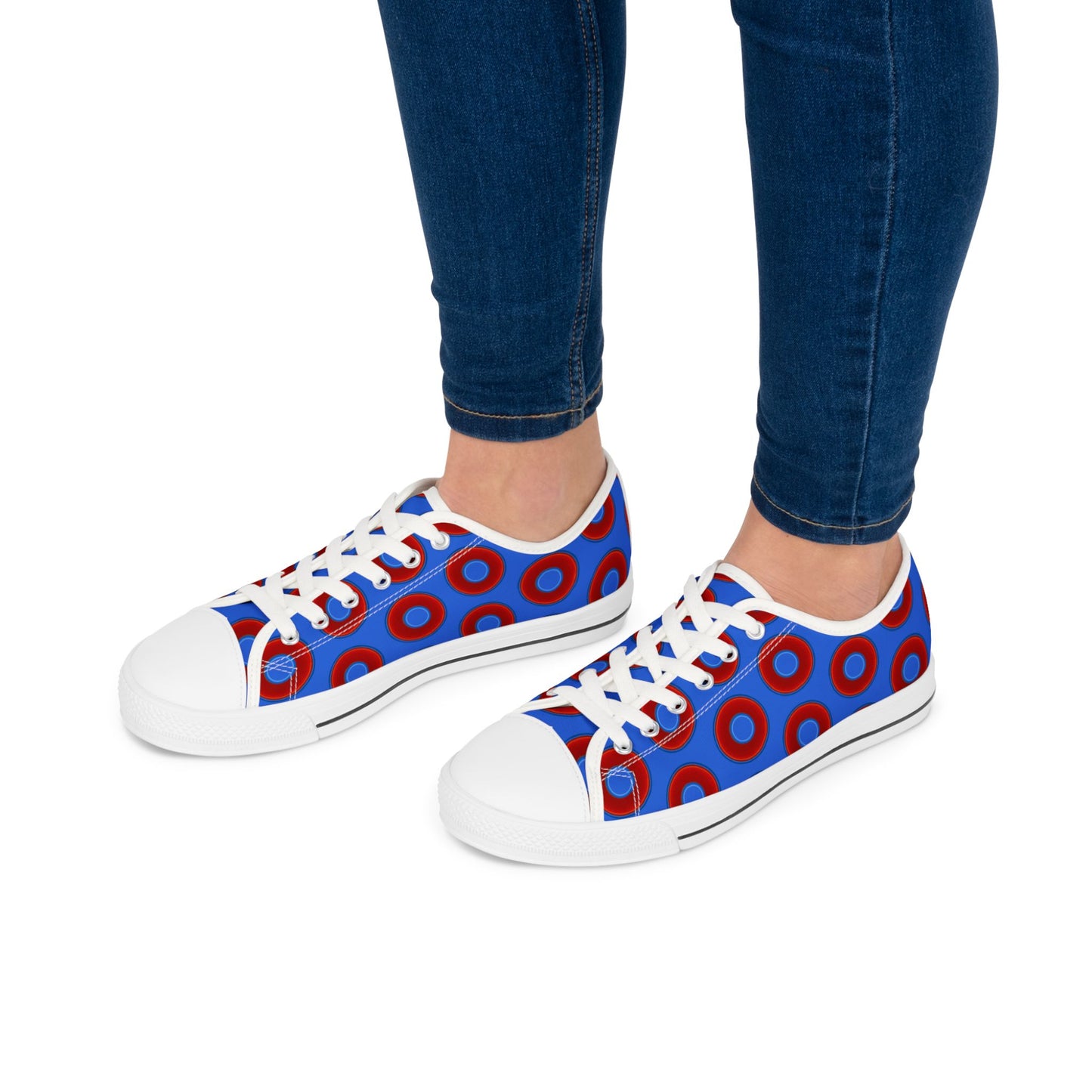 Women's - Low Top Chuck Taylors - large vivid red donut print w/medium royal blue background