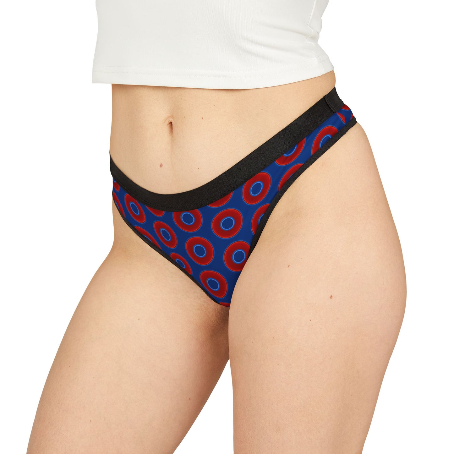 Lumpy Donut Thongs - red vivid donut print w/dark blue background