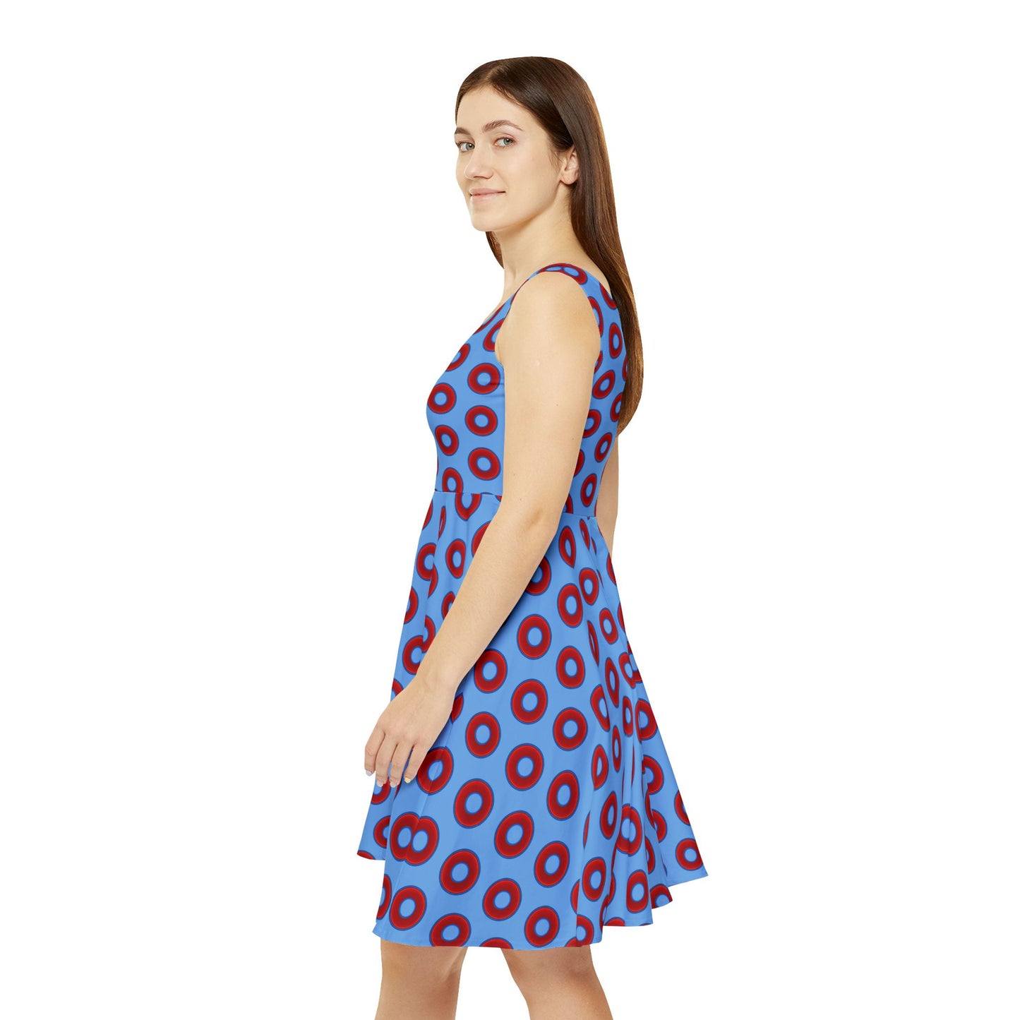 Women's Skater Donut Dress - vivid red donut print w/light blue background