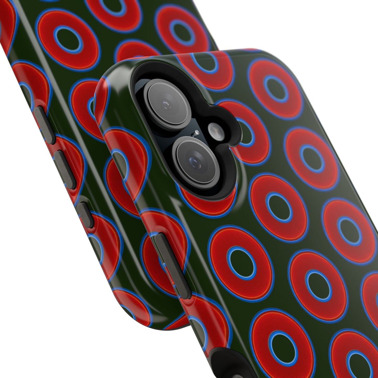 Impact-Resistant Lumpy Donut Case - red vivid donut print w/deep forest green background