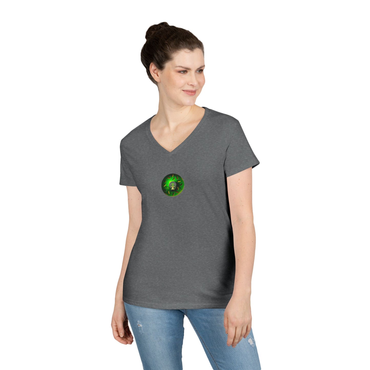 Women's Donut V-Neck Tee - "Soft as Baby Rutherford" - green cartoon donut w/sprinkles