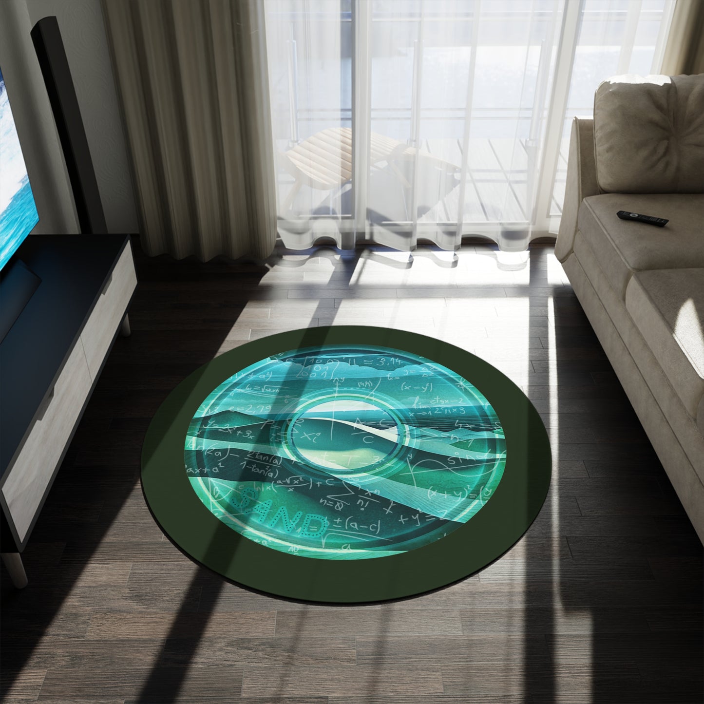 Round Room - 5 ft x 5 ft Lumpy Donut Rug - "The Equating Donut Rug" - teal green pic donut w/deep forest green background
