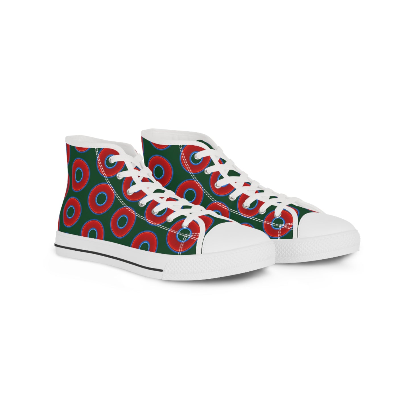 Men's High Top Chucks - large vivid red donut print w/deep pond green background