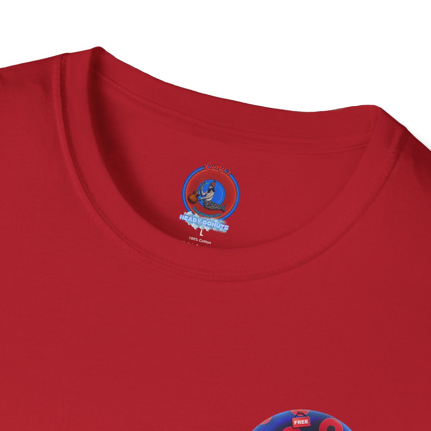Classic Donut Tee - Unisex Soft-Style - "Donuts of Phreedom" - red/blue paradoxical blimpy donut