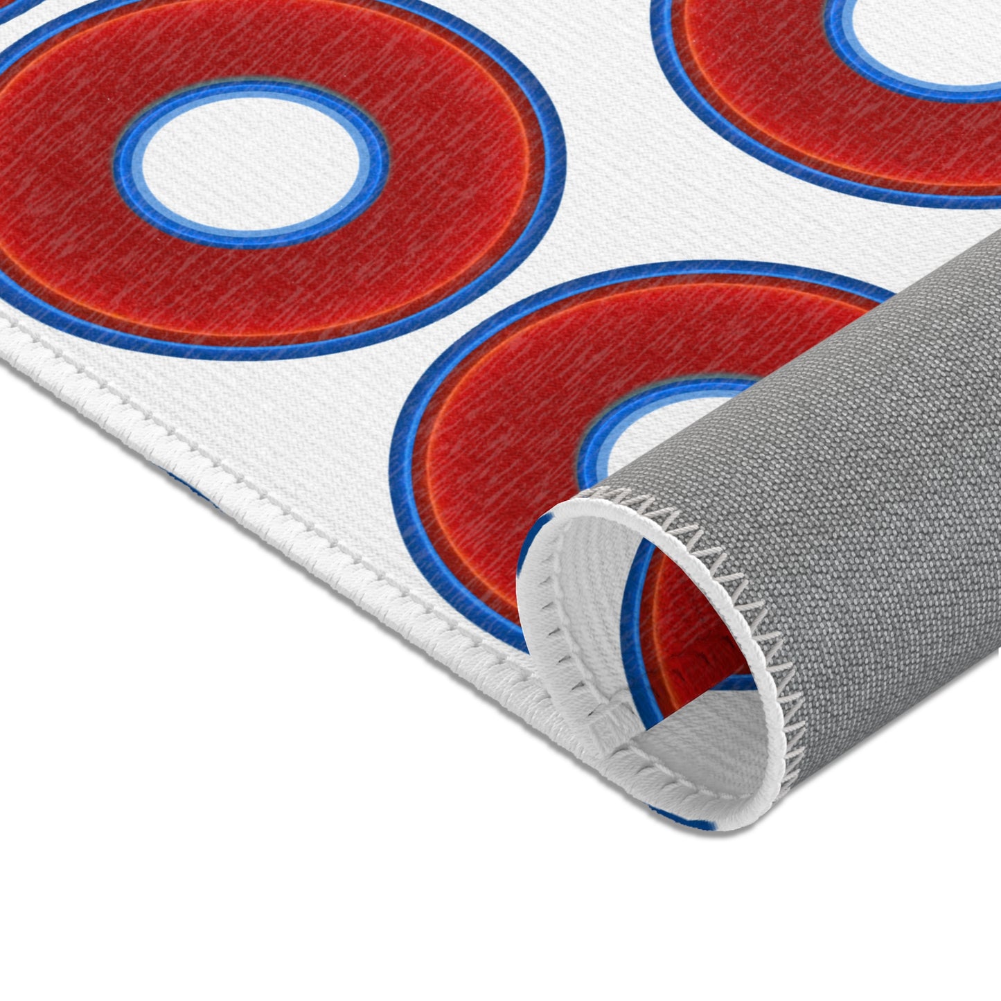 Lumpy Donut Print Rug - choice of 3 sizes - vivid red donut print w/white background