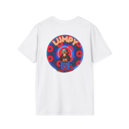 Coffee Traders Tee - Unisex Soft-Style - "Tasty Coffee" - paradoxical donut/rustic red donut - variant 1 - tasty front/logo back