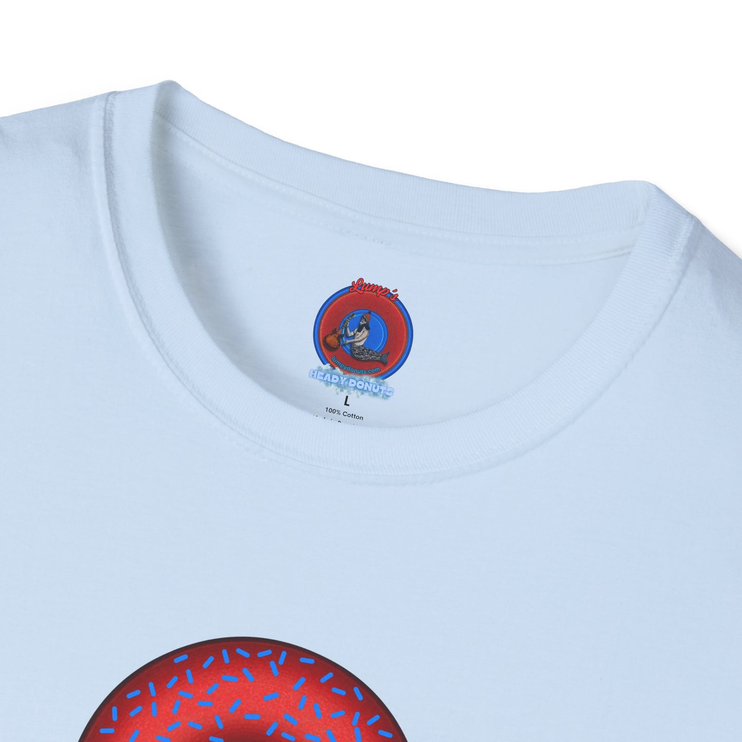 Classic Donut Tee - Unisex Soft-Style - "Plain Plump Donut w/" - plump red donut w/blue sprinkles