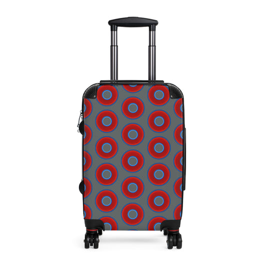 The Very Lumpy Donut Suitcase series - your choice of S, M or L - vivid red donut print w/dark gray background