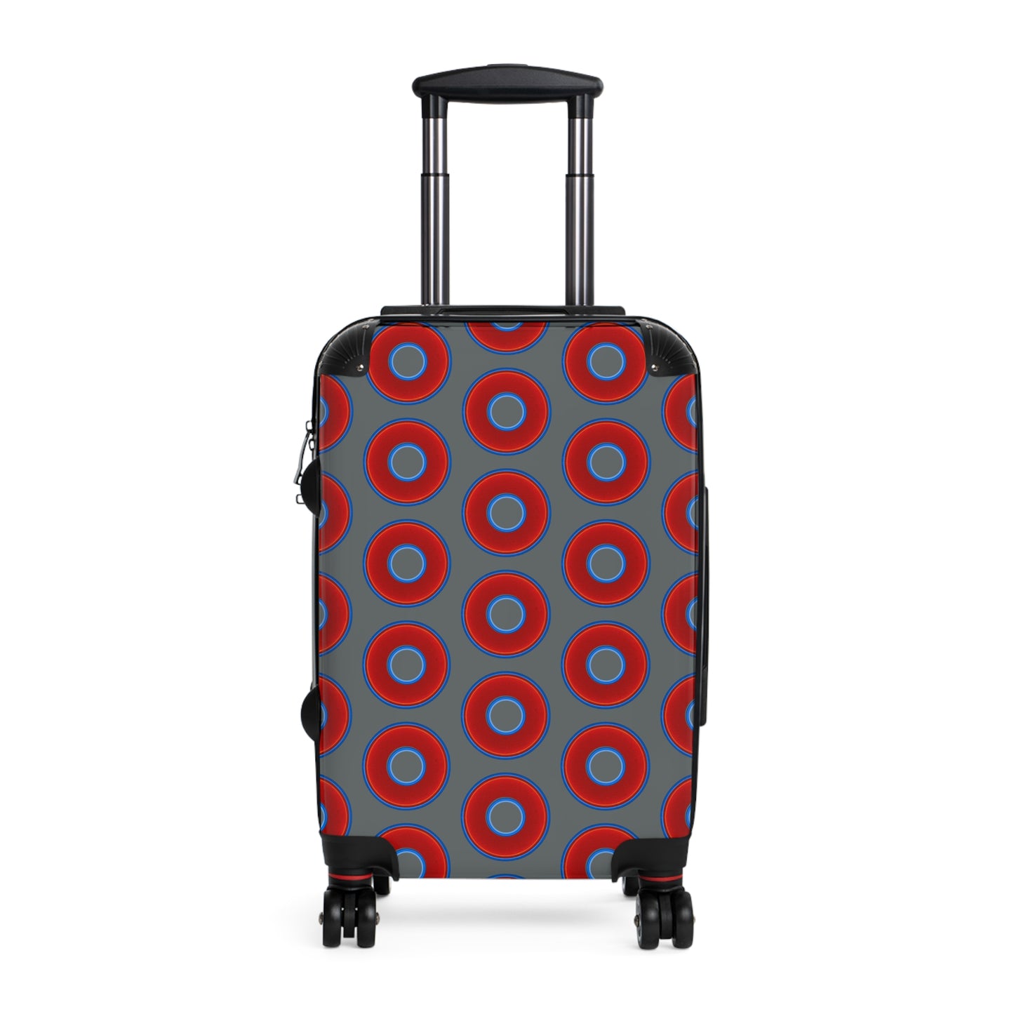 The Very Lumpy Donut Suitcase series - your choice of S, M or L - vivid red donut print w/gray background